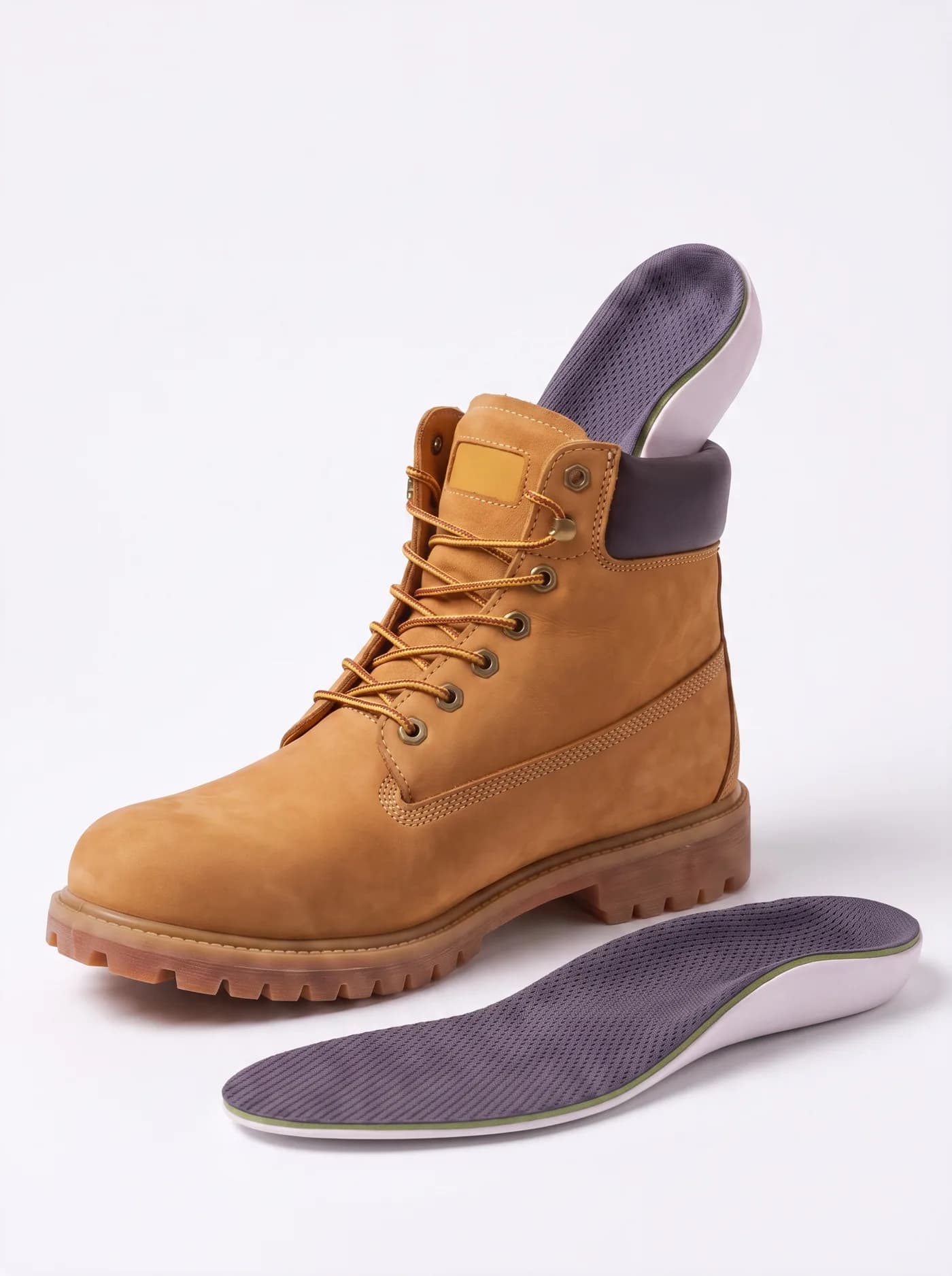 The Comfort insole shown alongside a tan work boot on a white studio background