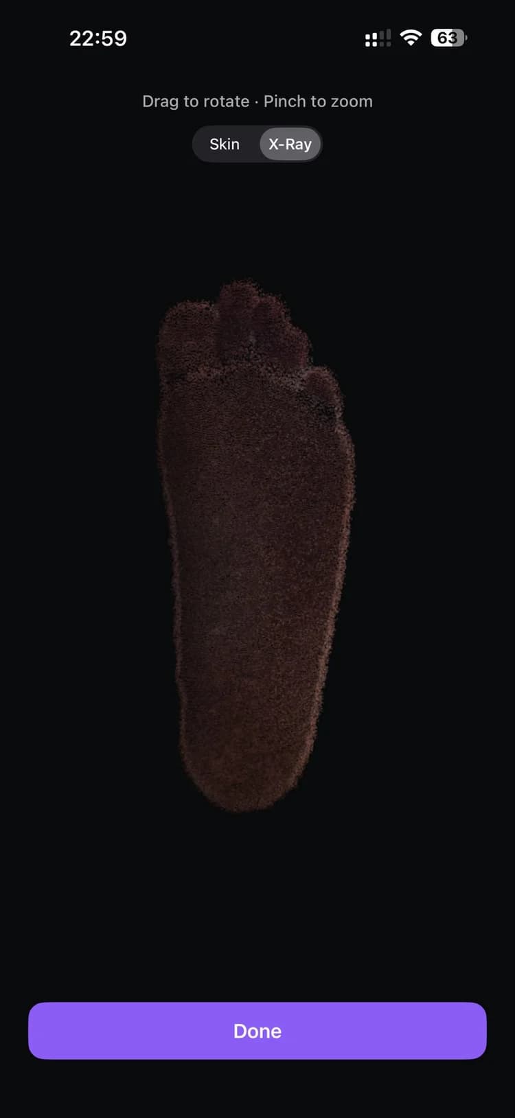 The Akrolimb scanning app showing a finished 3D foot scan you can rotate and zoom